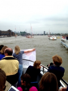 Banner deployed at bow of supporters' passenger boat
